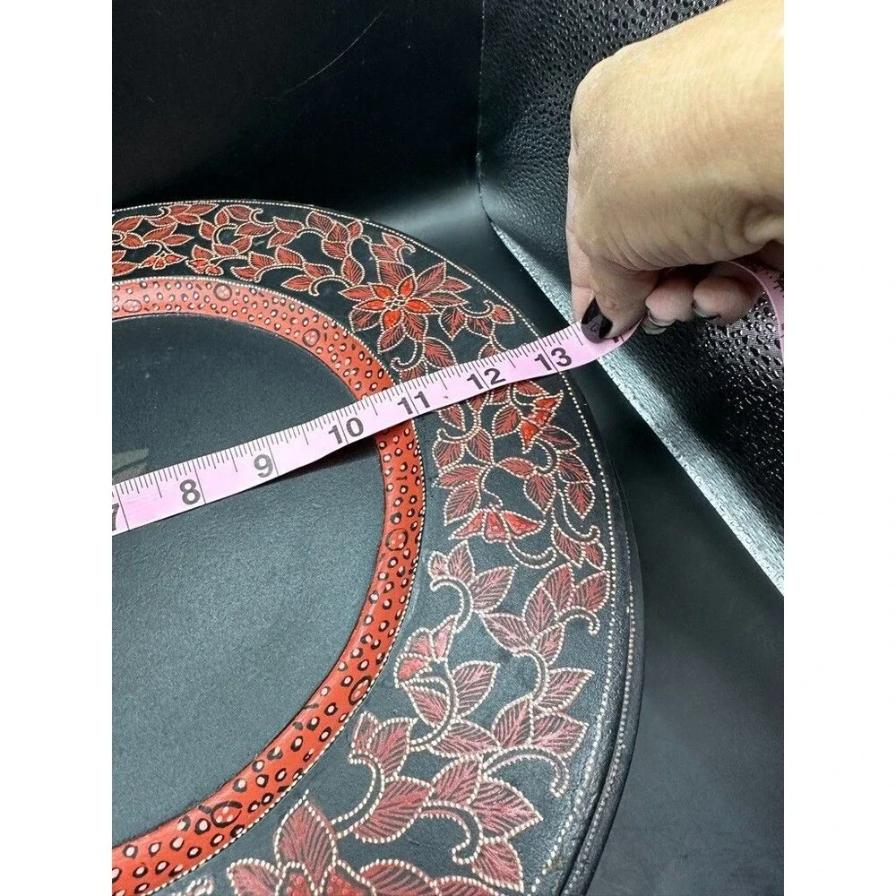 Pier 1 Large Round 13 inch 3 Decorative Wooden Charger Plates Red Black Floral